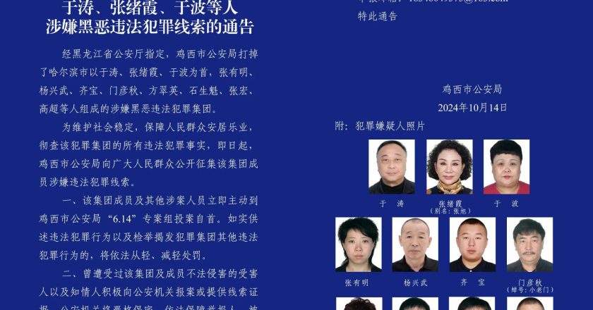 原哈爾濱市公安局副局長於濤涉黑　其共犯妻子曾任哈爾濱市人大代表