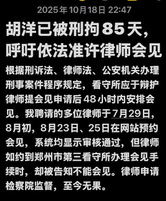 荷兰留学生胡洋暑假回国被捕已85天  会见律师权利被无理剥夺